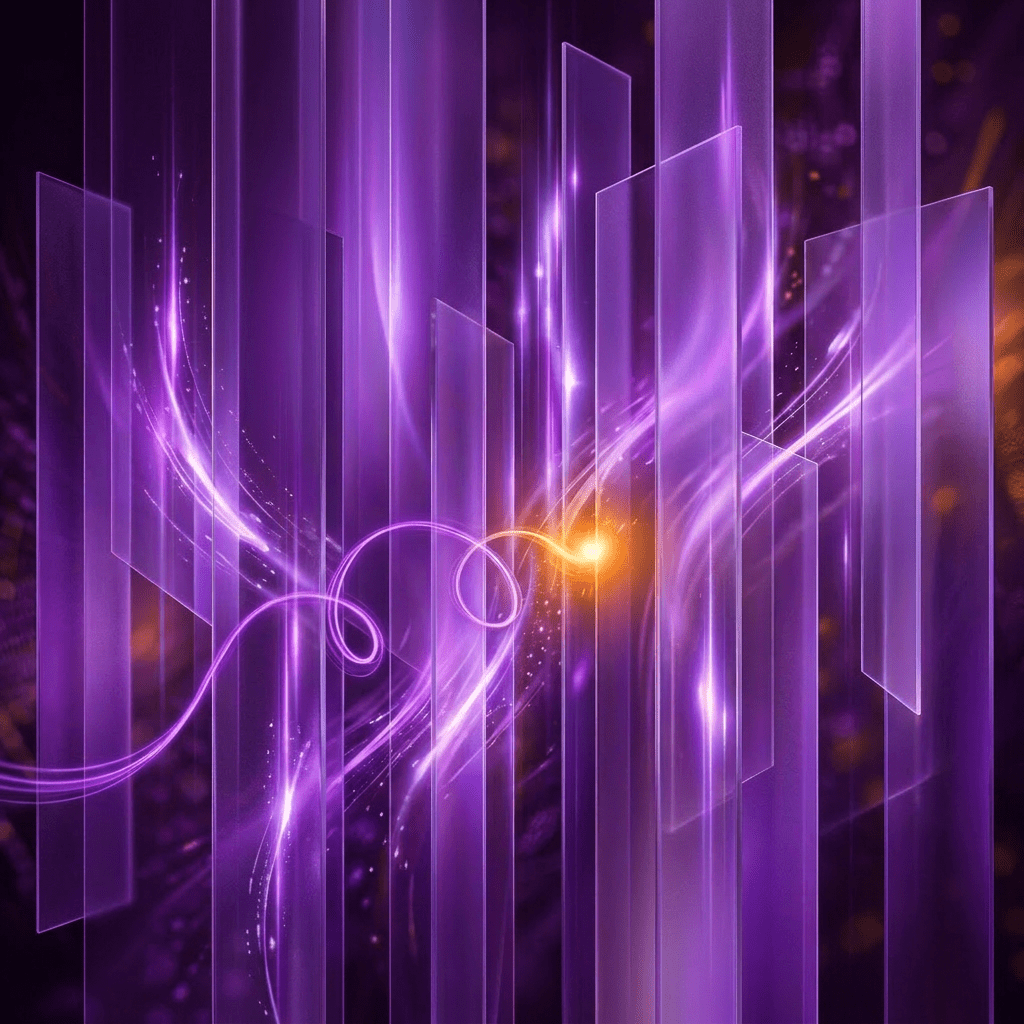 Vertical translucent glass panels with colorful light streams flowing between them