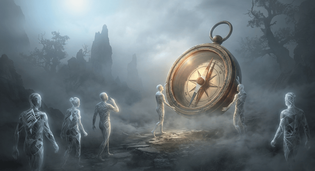 Abstract humanoid figures with geometric patterns surrounding a large old-fashioned compass in foggy, mountainous terrain